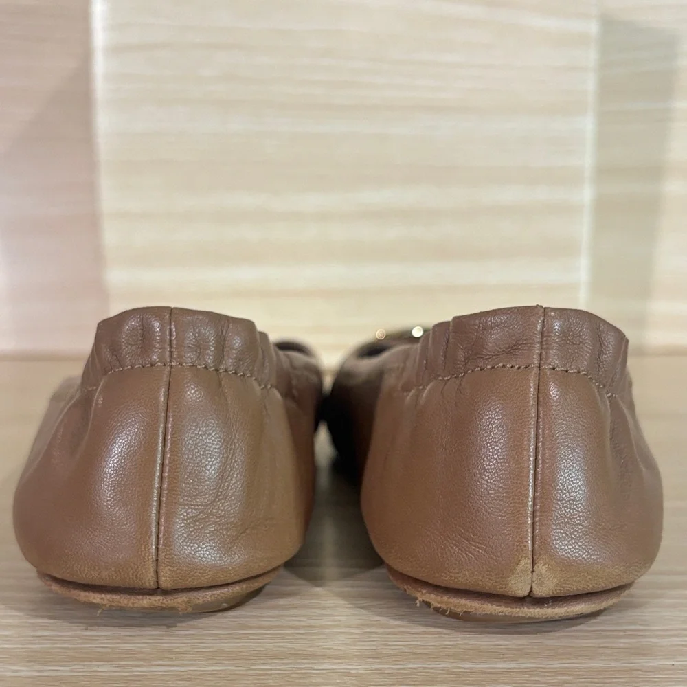 Tory Burch Tan Logo Ballet Flats Leather Round Toe Slip On 7M